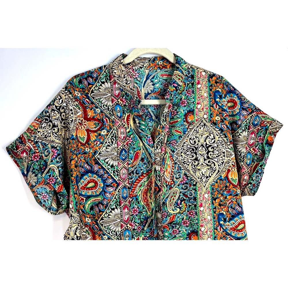 Multicolor Paisley Notch Collar Short Sleeve Blouse Boho Festival Maximalist XL - Picture 4 of 11